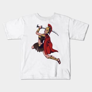 Spartan warrior woman in action with holding sword Kids T-Shirt